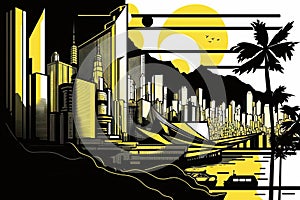 Hong Kong Travel Illustration, China Tourism Concept, Skylines, Landmarks, Hong Kong Graphic Art