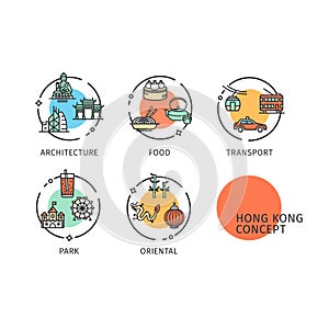Hong Kong Travel and Tourism Concept Thin Line Icons Labels Set. Vector