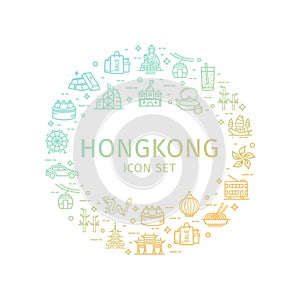 Hong Kong Travel and Tourism Round Design Template Thin Line Icon Concept. Vector