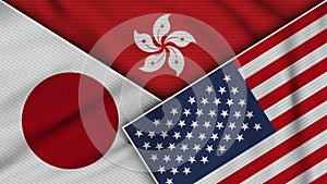 Hong Kong United States of America Japan Flags Together Fabric Texture Illustration