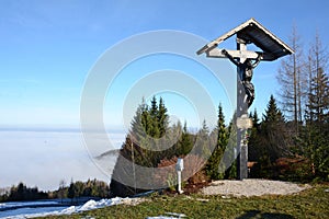 The Hongar mountain in autumn in the fog, Voecklabruck, Austria, Europe