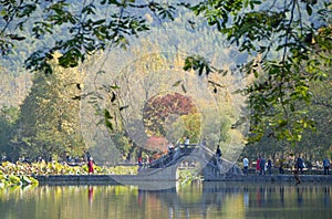 Hongcun Ancient Town in Anhui Province, China. Landscape view of the stone bridge crossing Nanhu Lake in Hongcun