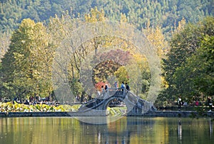 Hongcun Ancient Town in Anhui Province, China. Landscape view of the stone bridge crossing Nanhu Lake in Hongcun