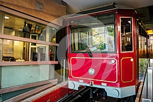 The Peak Tram. The railway to Victoria Peak, a mountain with view above the city skyline of Hong Kong