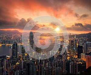 Hongkong city scape with sun and light from building