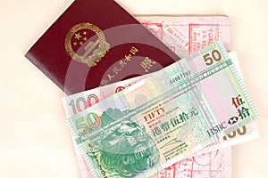 Hongkong dollar and Chinese passport photo