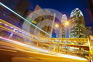 HongKong of modern landmark buildings backgrounds road light trails