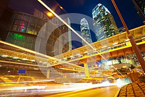 HongKong of modern landmark buildings backgrounds road light trails