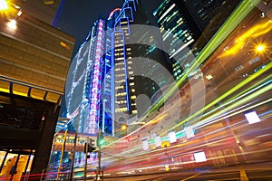 HongKong of modern landmark buildings backgrounds road light trails