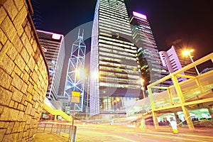 HongKong of modern landmark buildings backgrounds road light trails