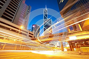 HongKong of modern landmark buildings backgrounds road light trails