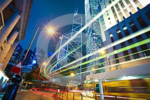HongKong of modern landmark buildings backgrounds road light trails