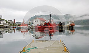 Norway - Honningsvag Harbour - Colored fishing boats with fog