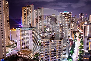 Honolulu downtown hotels view at night