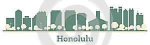 Honolulu Hawaii city skyline silhouette with color buildings. Vector illustration