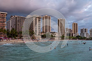 Evening at Waikiki Beach with Diamond Head valcano in the distance