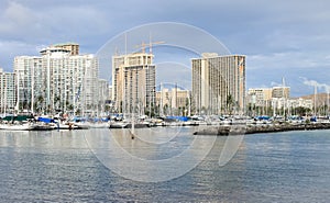 Honolulu, Hawaii, USA - May 30, 2016: Yachts docked at Ala Wai Boat Harbor