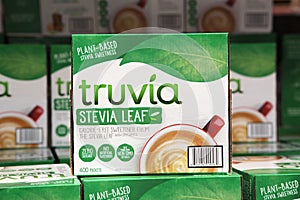 Natural zero calorie plant based sugar substitute Truvia, stevia sweetener.