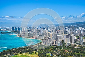 Honolulu Waikiki Beach panorama from the Diamond Head crater in Oahu, Hawaii