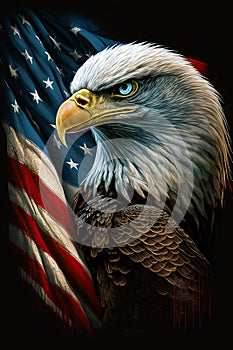 honor American bald eagle with flag. American patriotic symbols. Ai generative
