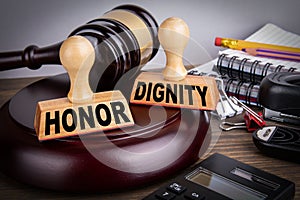 Honor and Dignity. Litigation, defense, legal services and justice concept