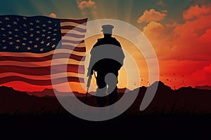 Honor, US army soldier against the American flag, generative AI