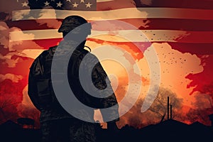 Honor, US army soldier against the American flag, generative AI