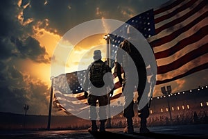 Honor, US army soldier against the American flag, generative AI