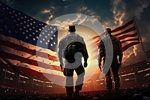 Honor, US army soldier against the American flag, generative AI