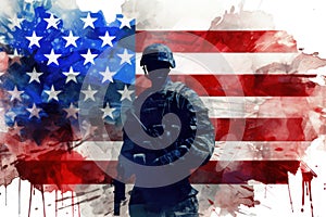 Honor, US army soldier against the American flag, generative AI