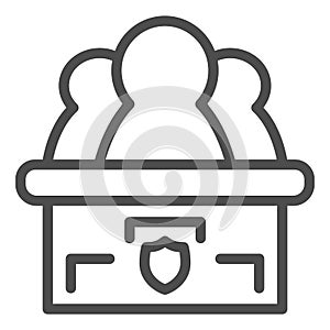 Honorable jury line icon. Three figures in compartment, acting as a judgment. Jurisprudence vector design concept