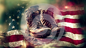 Honoring Our Heroes: 4th of July and Veterans Day Tribute with American Flag and Military Boots Background