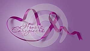Honors Caregivers. National Family Caregivers Month. Calligraphy Poster Design. A Plum Ribbon brings awareness to Cancer photo