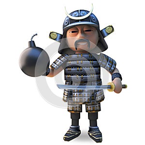 Honourable Japanese samurai warrion in traditional armour holding a katana sword and gunpowder bomb, 3d illustration photo
