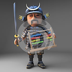 Honourable Japanese samurai warrior counts on an abacus, 3d illustration