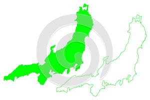 Honshu island Japan, East Asia, Japanese archipelago map vector illustration, scribble sketch Honshu map