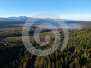 Hood Canal aerial view with Olympic mountains summer