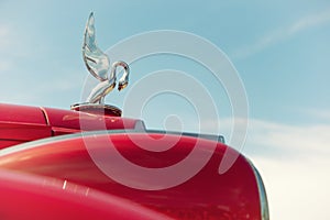 Hood ornament of a red 1936 Packard Classic Car