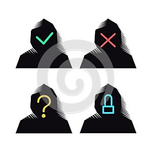 Hooded avatars, protected and hacked with a tick and a cross. Hacked, unknown, blocked. Isolated vector illustration