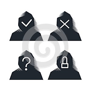 Hooded avatars, protected and hacked with a tick and a cross. Hacked, unknown, blocked. Isolated vector illustration