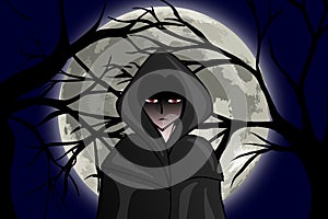 Hooded boy on a full moon night, character, esotericism.