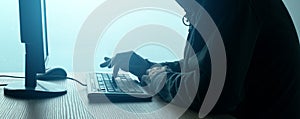 Hooded computer hacker hacking network