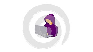 Hooded computer hacker with laptop icon animation