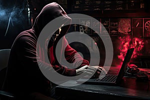 Hooded computer hacker using laptop in dark room. Cybercrime concept, hacker without a face is trying to steal cryptocurrency