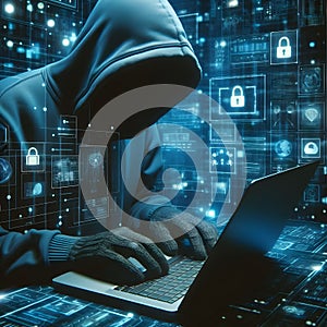 Hooded cyber security network hacker using laptop