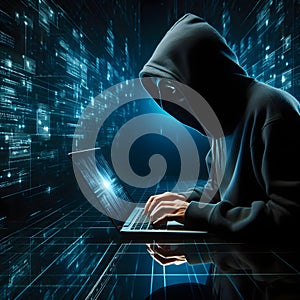 Hooded cyber security network hacker using laptop