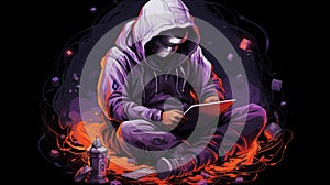 Hooded digital artist immersed in creative process, surrounded by digital elements and vivid orange glow