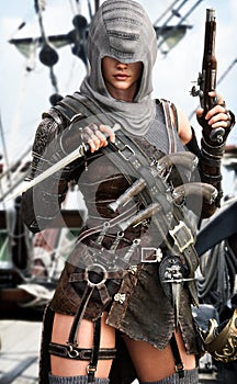 Hooded female pirate assassin poses with her arsenal of weapons on the deck or her ship.