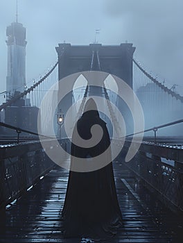 Hooded figure on bridge with misty skyline background