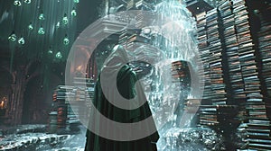 A hooded figure clad in emerald robes stands in front of a towering waterfall made of books. As they whisper a spell the